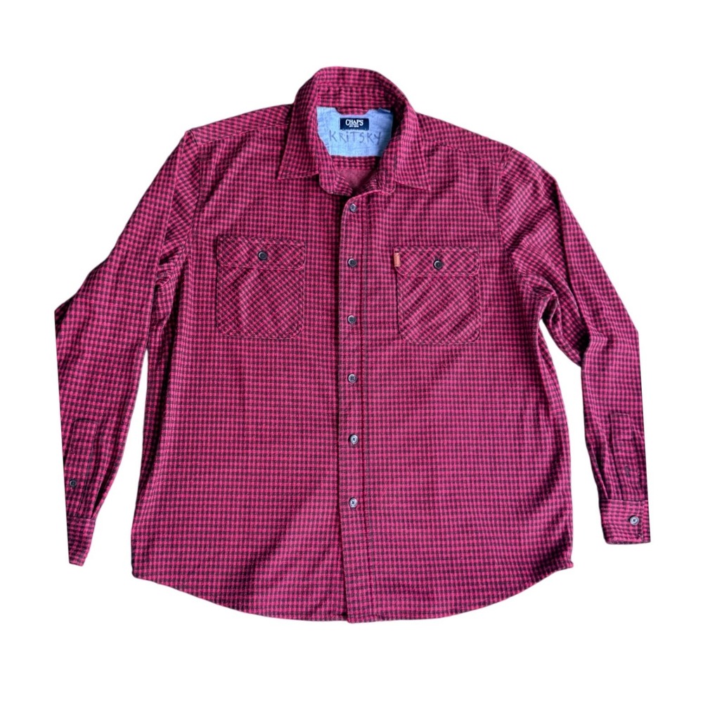 CHAPS Mens XL Knit Flannel Shirt Red Black Check Plaid Stretch Button Up